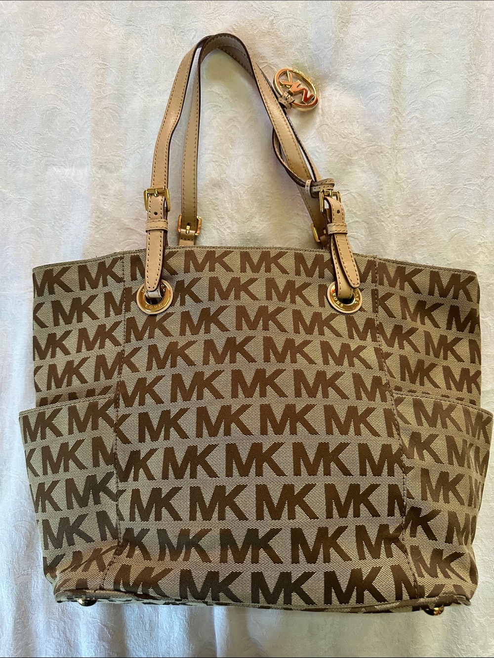Michael Kors Tan and Brown MK Logo Tote with Gold Hardware - Picture 2 of 14